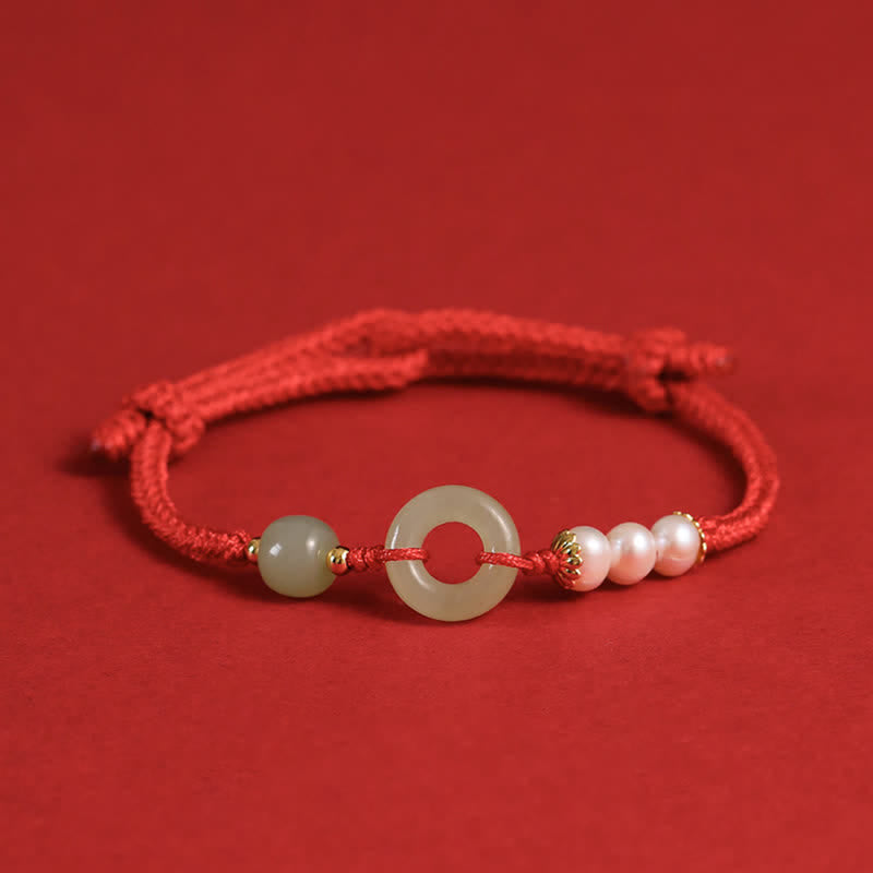 Fortune Jewel Natural Hetian Jade Pearl Peace Buckle Luck Bracelet