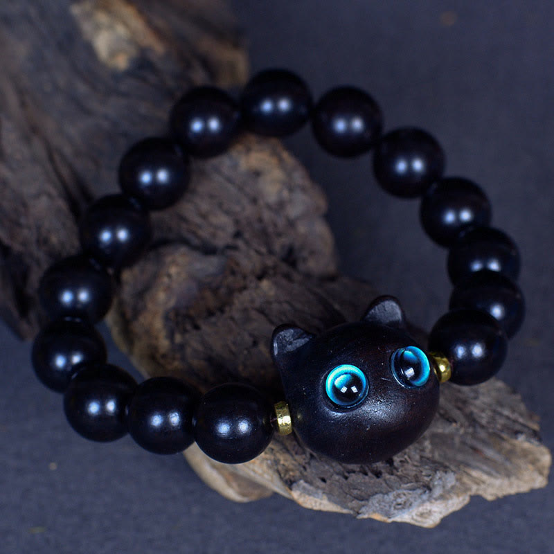 Fortune Jewel Ebony Wood Liuli Glass Lovely Cat Peace Balance Bracelet