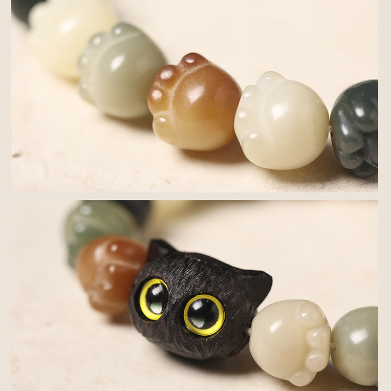 Fortune Jewel Natural Bodhi Seed Lovely Paw Ebony Wood Lucky Cat Wisdom Bracelet