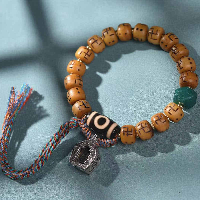 Fortune Jewel Natural Tibetan Camel Bone Swastika Dzi Bead Shankha Buddha Charm Kirtimukha Luck Protection Tassel Bracelet