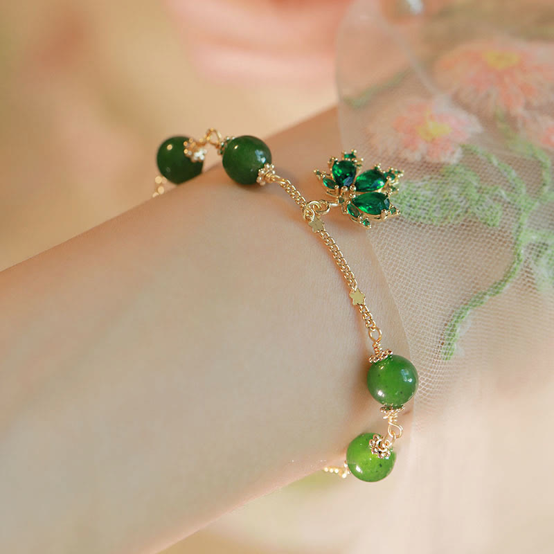 Fortune Jewel 14k Gold Plated Green Chalcedony Maple Leaf Courage Strength Bracelet