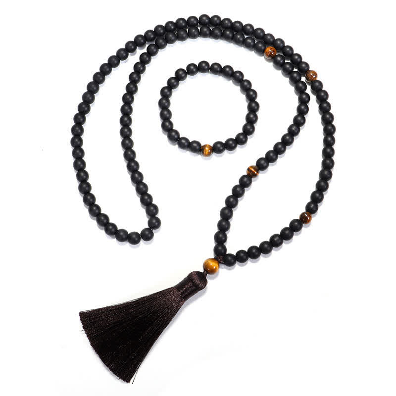 Fortune Jewel 108 Mala Beads Frosted Stone Tiger Eye Balance Bracelet Necklace Pendant