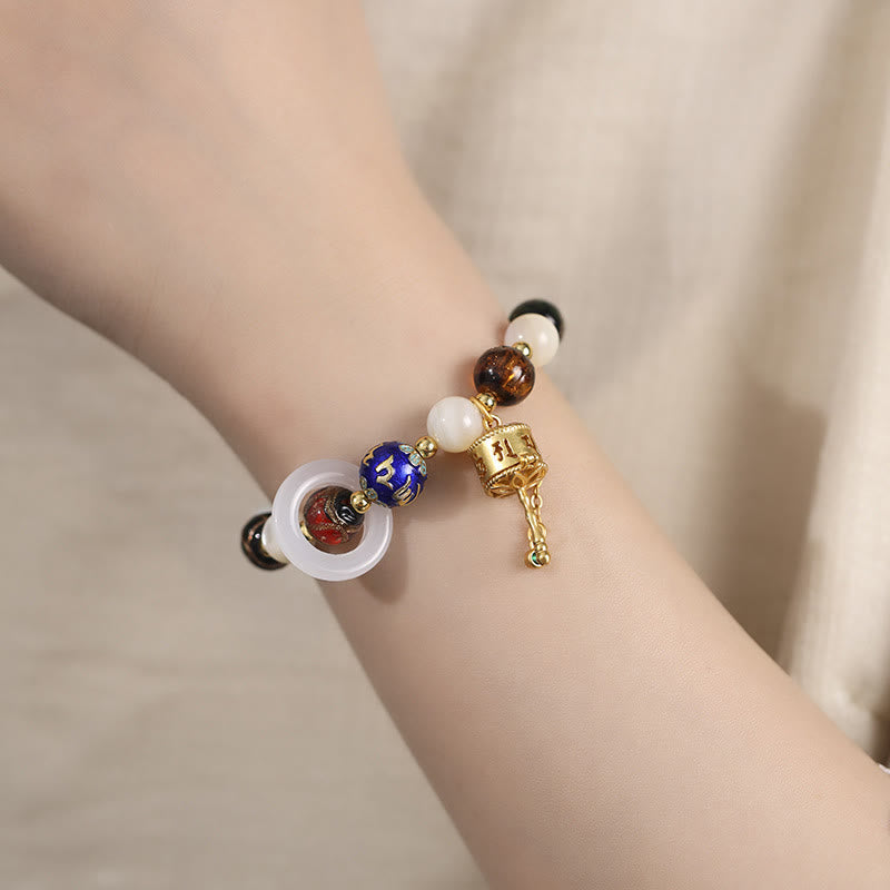 Fortune Jewel Tibetan Incense Ash Liuli Glass Tridacna Stone Sun Stone Om Mani Padme Hum Prayer Wheel Charm Bracelet