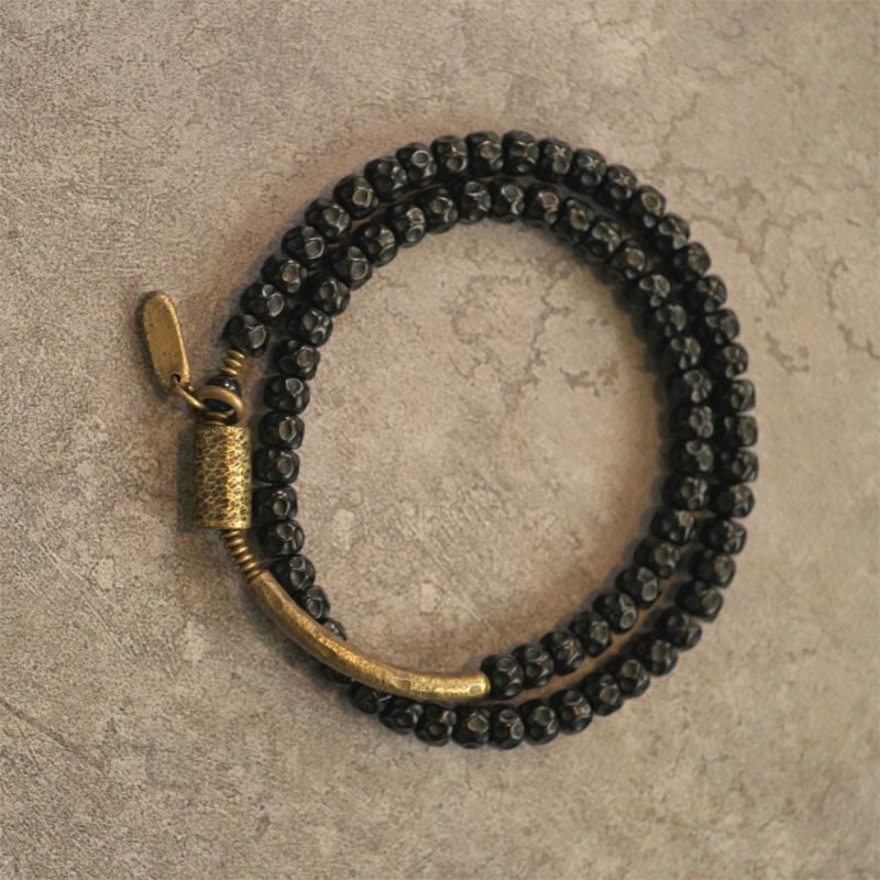 Fortune Jewel Retro Coconut Shell Brass Copper Happiness Triple Wrap Bracelet