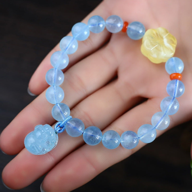 Fortune Jewel Natural Aquamarine Amber Pixiu Peace Healing Charm Bracelet