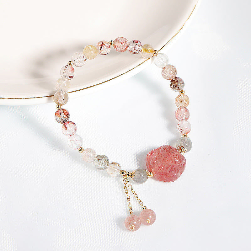Fortune Jewel Natural Strawberry Quartz Cat Paw Claw Colorful Rutilated Quartz Moonstone Love Bracelet
