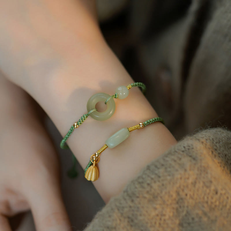 Fortune Jewel Lotus Jade Peace Buckle Bead Luck Happiness Charm String Bracelet