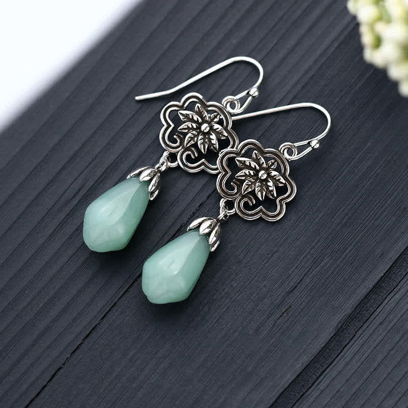 Fortune Jewel Magnolia Flower Jade Water Drop Prosperity Dangle Earrings