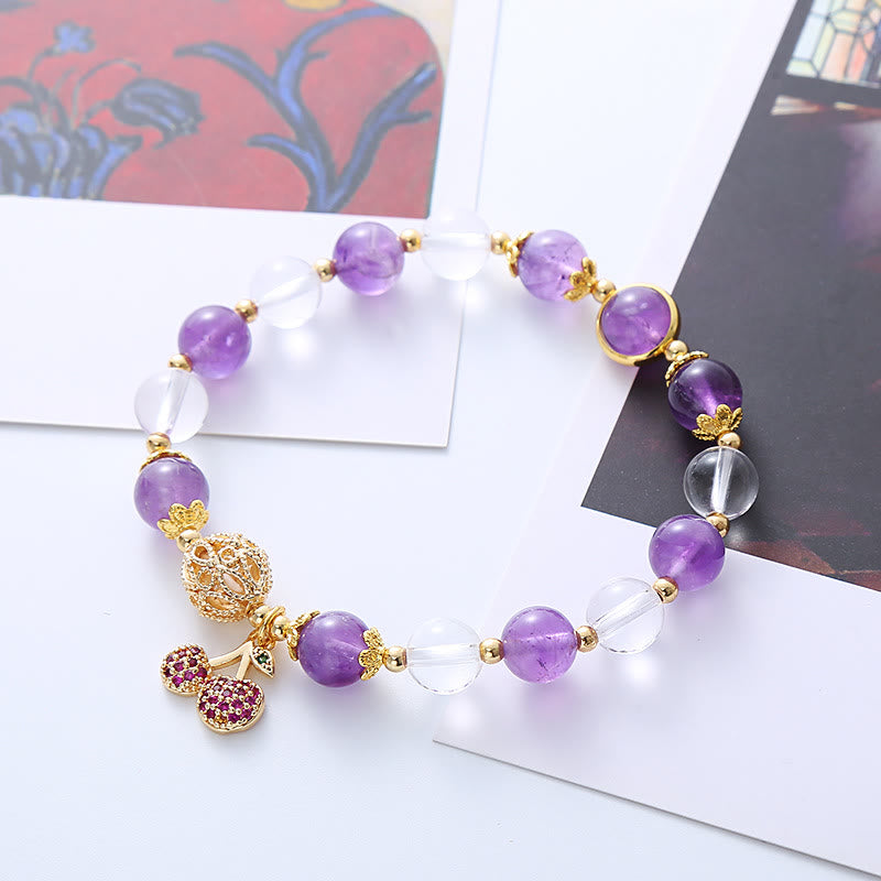 Fortune Jewel Natural Amethyst White Crystal Positive Cherry Charm Bracelet