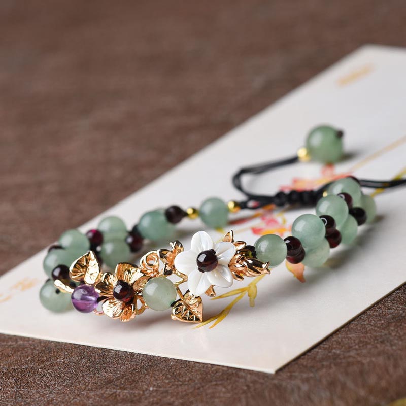 Fortune Jewel Green Aventurine Garnet Bead Flower Petal Luck Bracelet