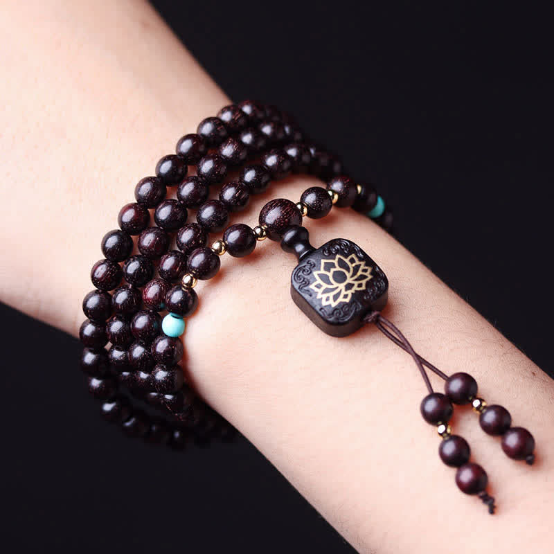 Fortune Jewel 108 Mala Beads Tibetan Small Leaf Red Sandalwood Lotus Balance Bracelet