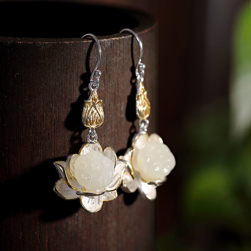 Fortune Jewel White Jade Protection Harmony Drop Earrings