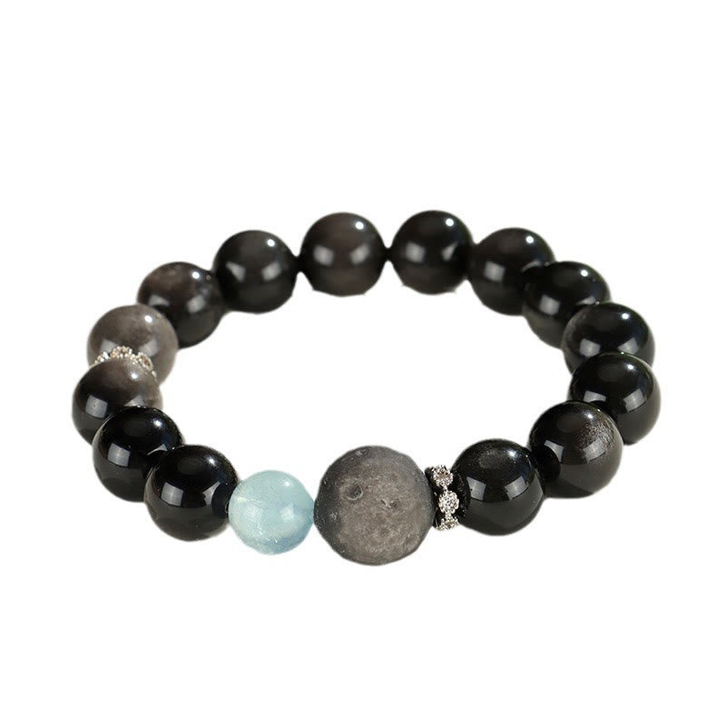 Fortune Jewel Natural Silver Sheen Obsidian Cat Head Fox Planet Protection Bracelet