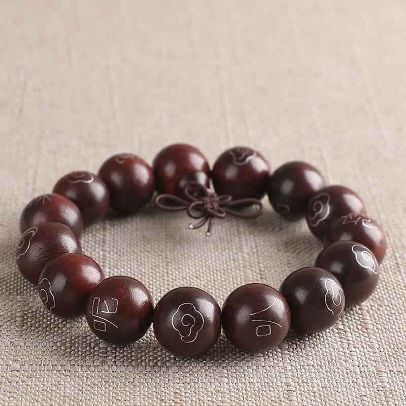 Fortune Jewel 925 Sterling Silver Inlaid Small Leaf Red Sandalwood Om Mani Padme Hum Character Auspicious Clouds Protection Bracelet