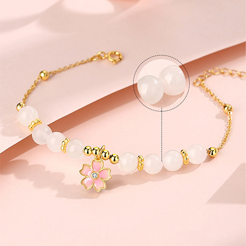 Fortune Jewel 925 Sterling Silver Hetian White Jade Cherry Blossom Protection Bracelet