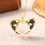 Fortune Jewel White Jade Elephant Butterfly Lotus Success Necklace Chain Pendant