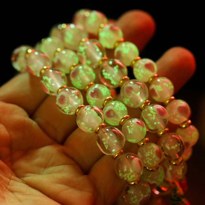 Fortune Jewel Gold Swallowing Beast Family Charm Luminous Pink Love Heart Fluorescent Liuli Glass Bead Blessings Bracelet