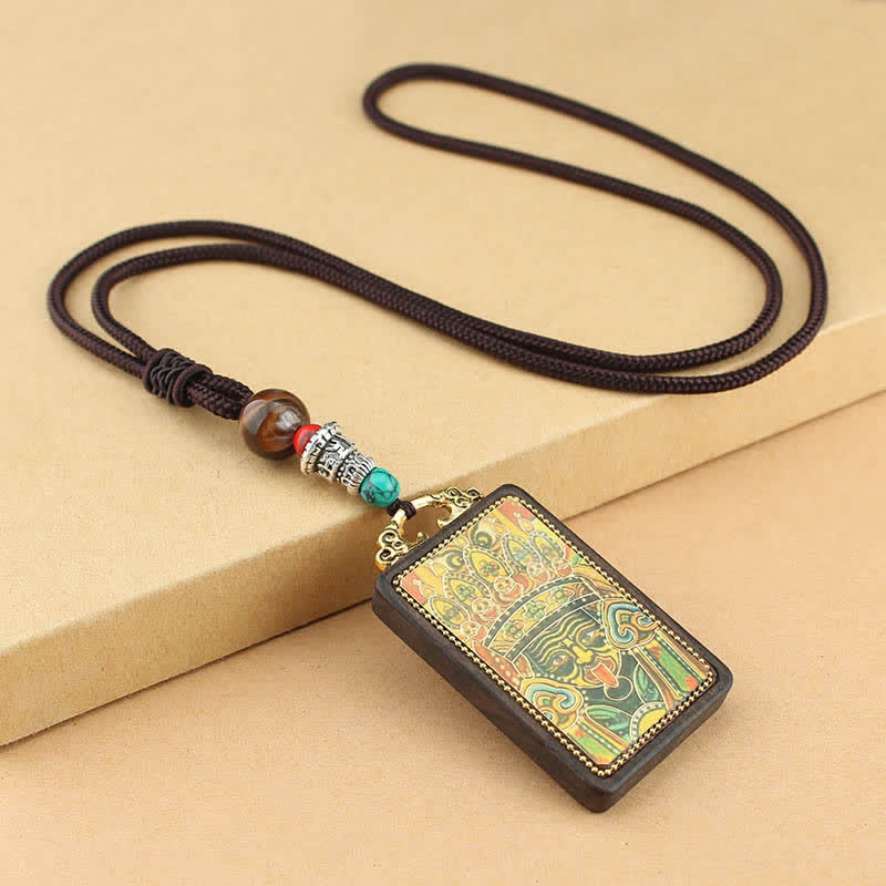 Fortune Jewel Tibet God of Wealth Thangka Ebony Peace Necklace Pendant