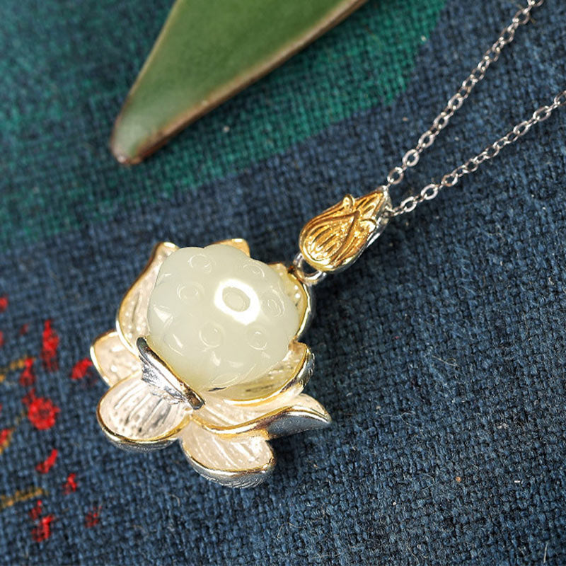Fortune Jewel White Jade Lotus Flower Happiness Necklace Fortune Jewel