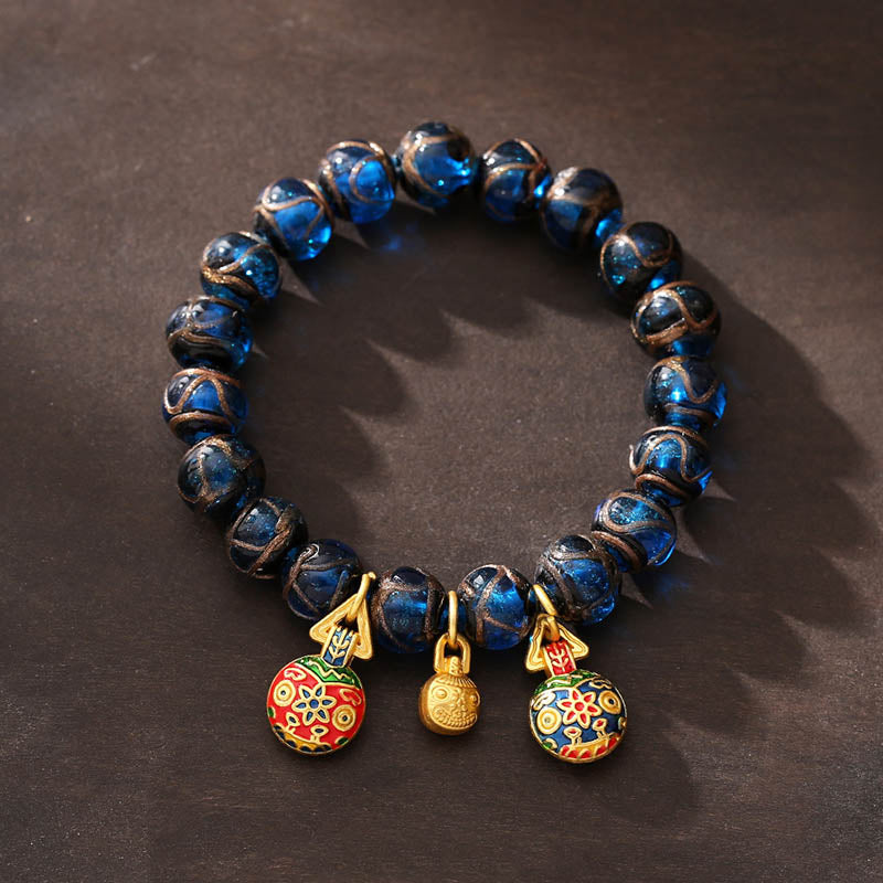 Fortune Jewel Gold Swallowing Beast Luck Charm Blue Liuli Glass Bead Fortune Bracelet