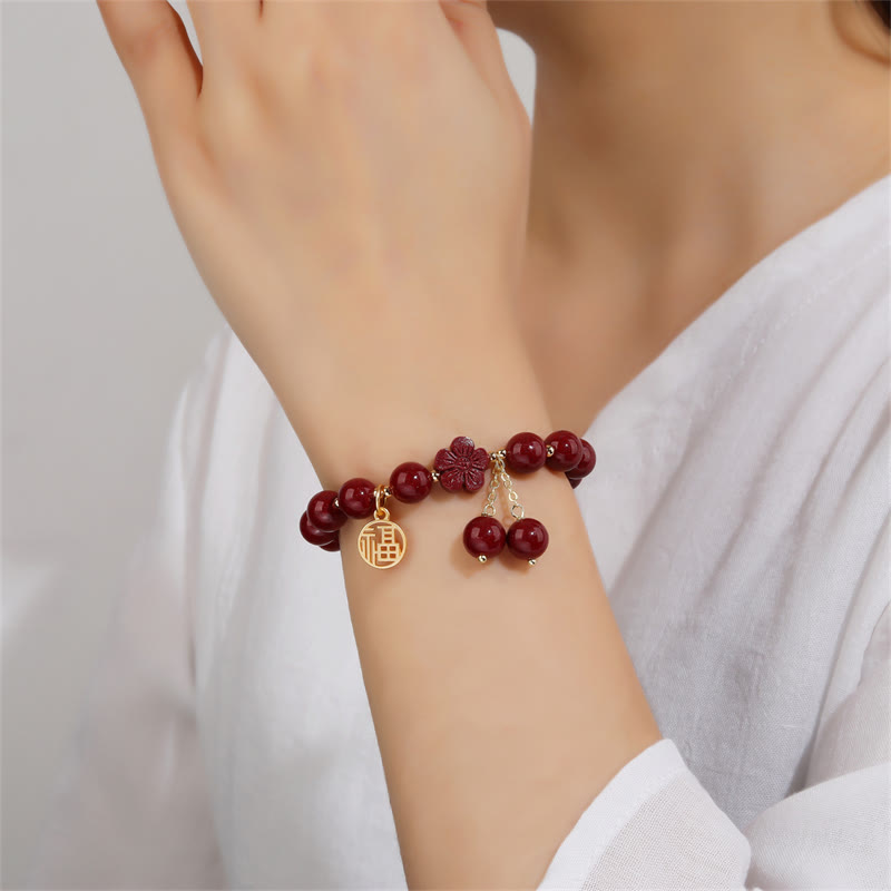 Fortune Jewel Cinnabar Fu Character Cherry Blossom Blessing Bracelet