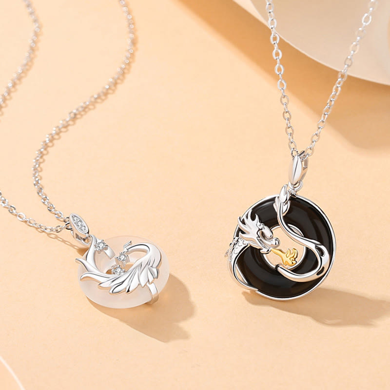 Fortune Jewel 925 Sterling Silver Year of the Dragon Natural Black Onyx Chalcedony Dragon Phoenix Peace Buckle Protection Necklace Pendant
