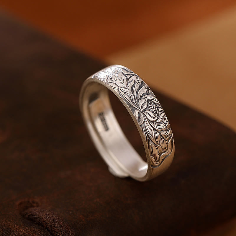 Fortune Jewel 999 Sterling Silver Lotus Flower Plum Blossom Auspicious Clouds Engraved Enlightenment Ring Fortune Jewel