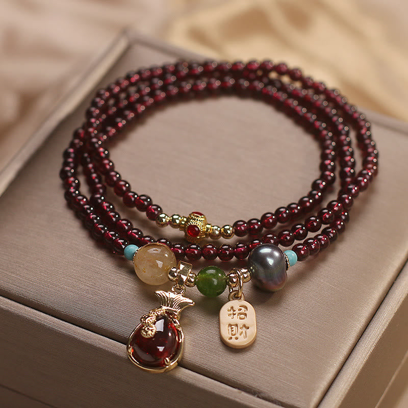 Fortune Jewel Multi Layered Natural Garnet Jade Coin Money Bag Attracting Wealth Protection Bracelet