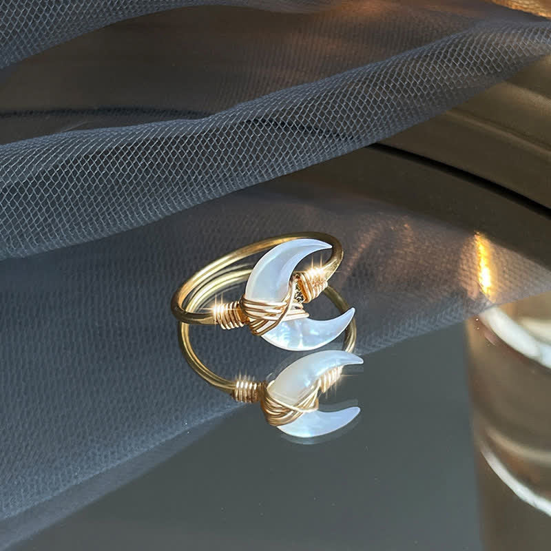 Fortune Jewel Natural Tridacna Stone Moon 14K Gold Blessing Ring - Fortune Jewel
