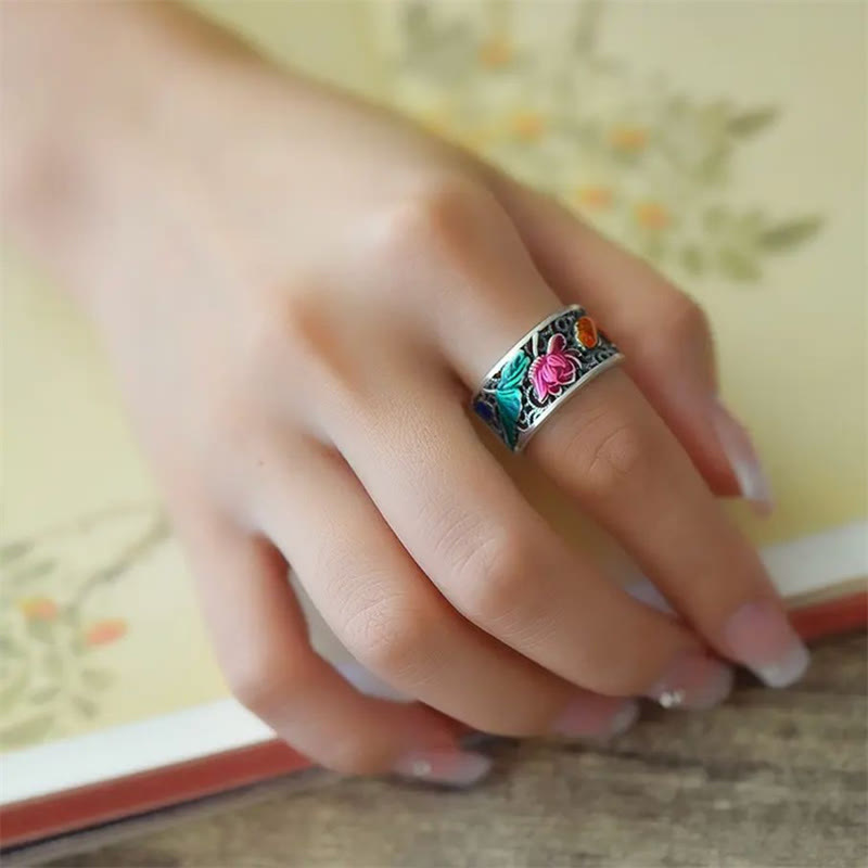 Fortune Jewel Copper Blue Enamel Lotus Heart Sutra Koi Fish Luck Ring Fortune Jewel