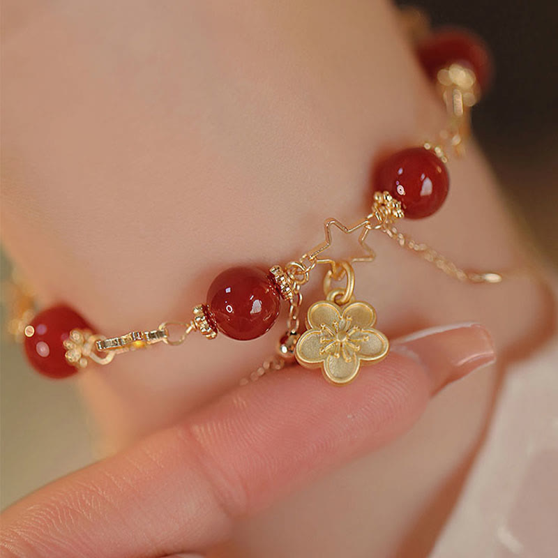 Fortune Jewel 14k Gold Plated Red Agate Star Flower Charm Calm Bracelet
