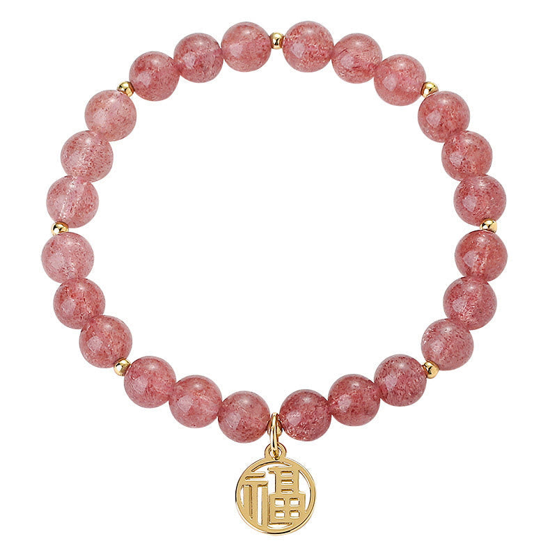 Fortune Jewel 14K Gold Plated Strawberry Quartz Fu Character Healing Charm Bracelet
