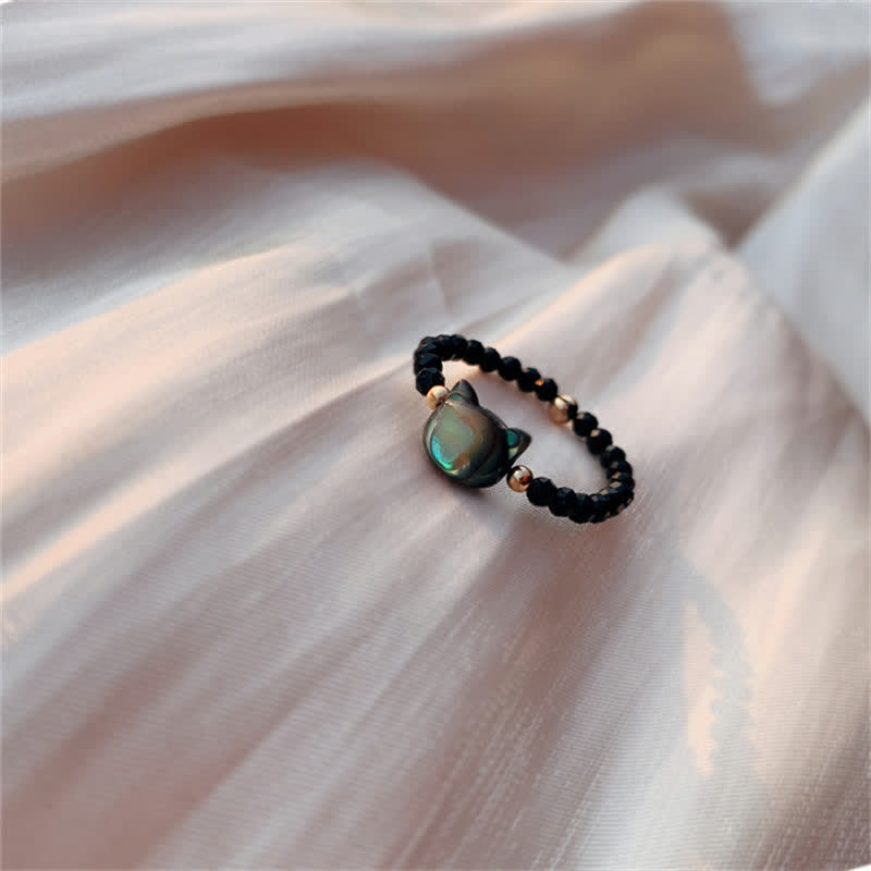Fortune Jewel Natural Tridacna Stone Lovely Cat 14K Gold Plated Blessing Ring