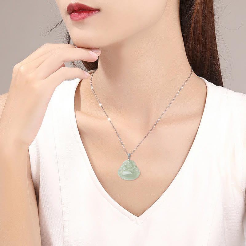 Fortune Jewel Natural Jade Laughing Buddha Prosperity Abundance Titanium Steel Chain Necklace Pendant Fortune Jewel