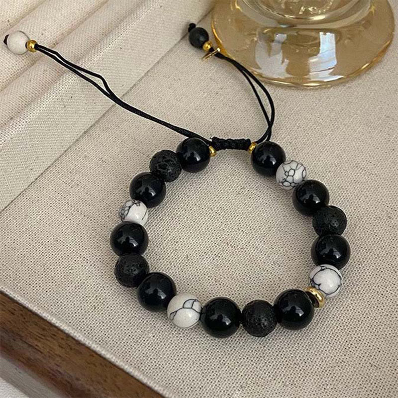 Fortune Jewel Black Obsidian Lava Rock Stone Yin Yang Strength Bracelet