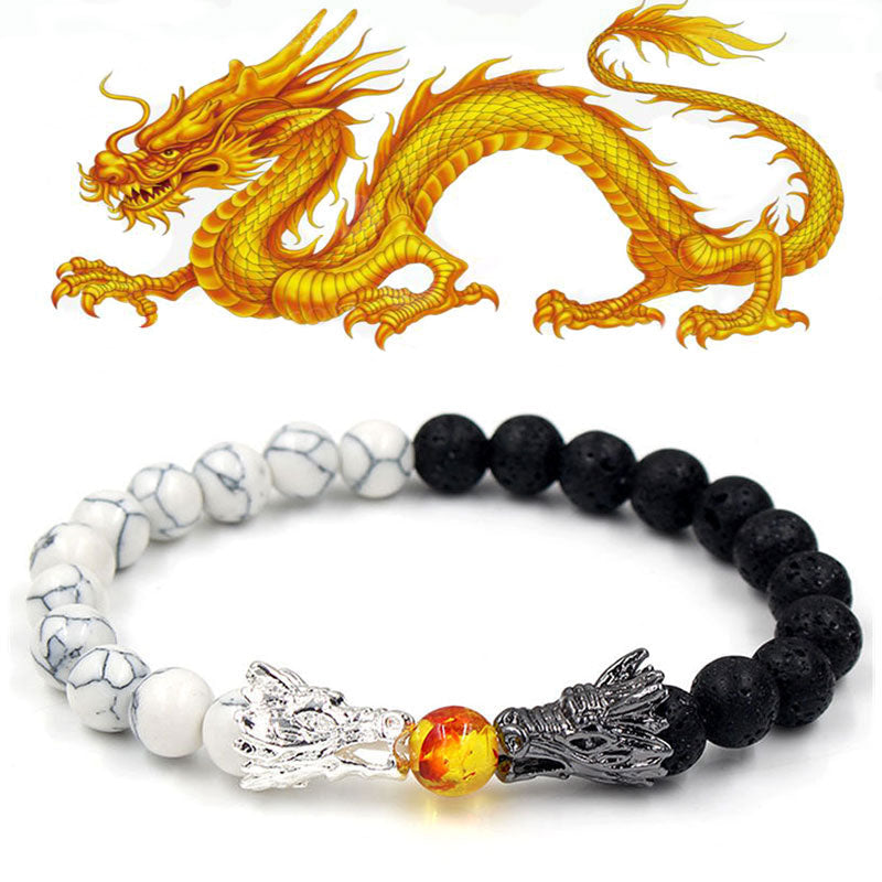 Fortune Jewel White Turquoise Lava Rock Dragon Blessing Beaded Bracelet