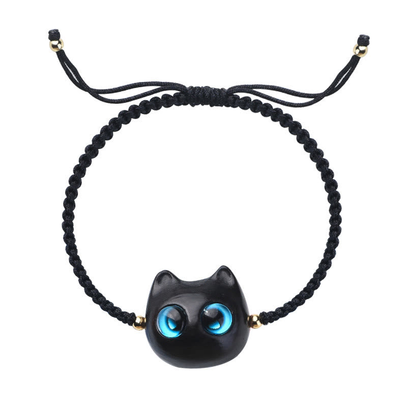Fortune Jewel Small Leaf Red Sandalwood Ebony Wood Cute Cat Head Calm Protection Braided Bracelet