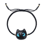 Fortune Jewel Small Leaf Red Sandalwood Ebony Wood Cute Cat Head Calm Protection Braided Bracelet