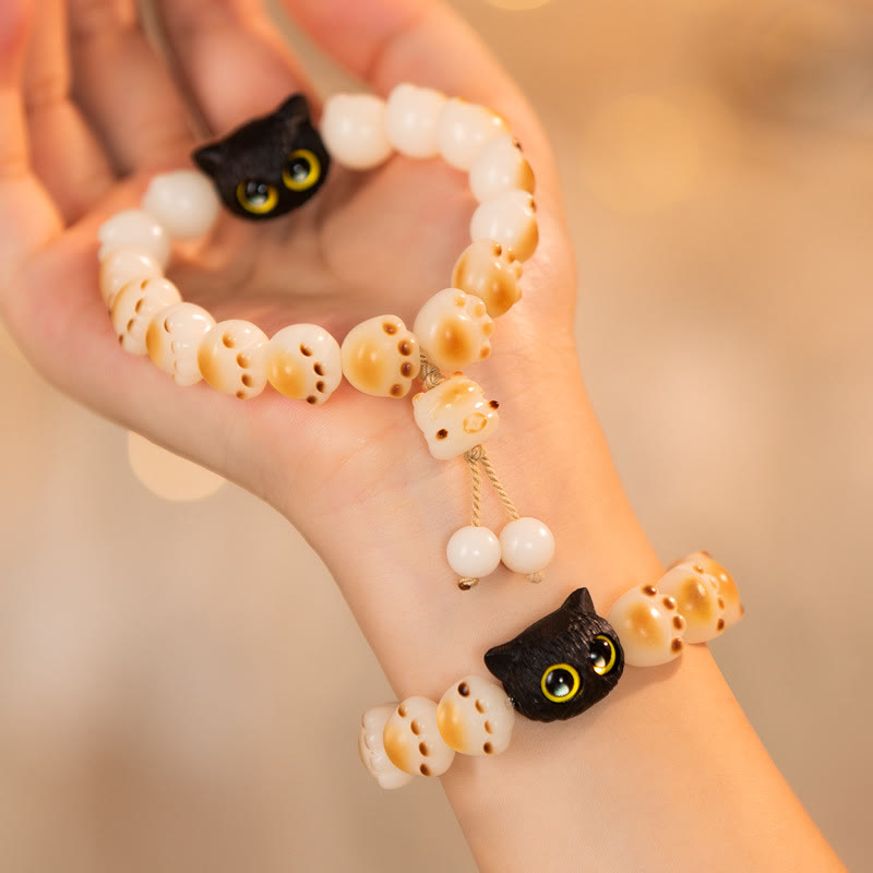 Fortune Jewel Natural Bodhi Seed Red Sandalwood Lovely Paw Lucky Cat Peace Bracelet