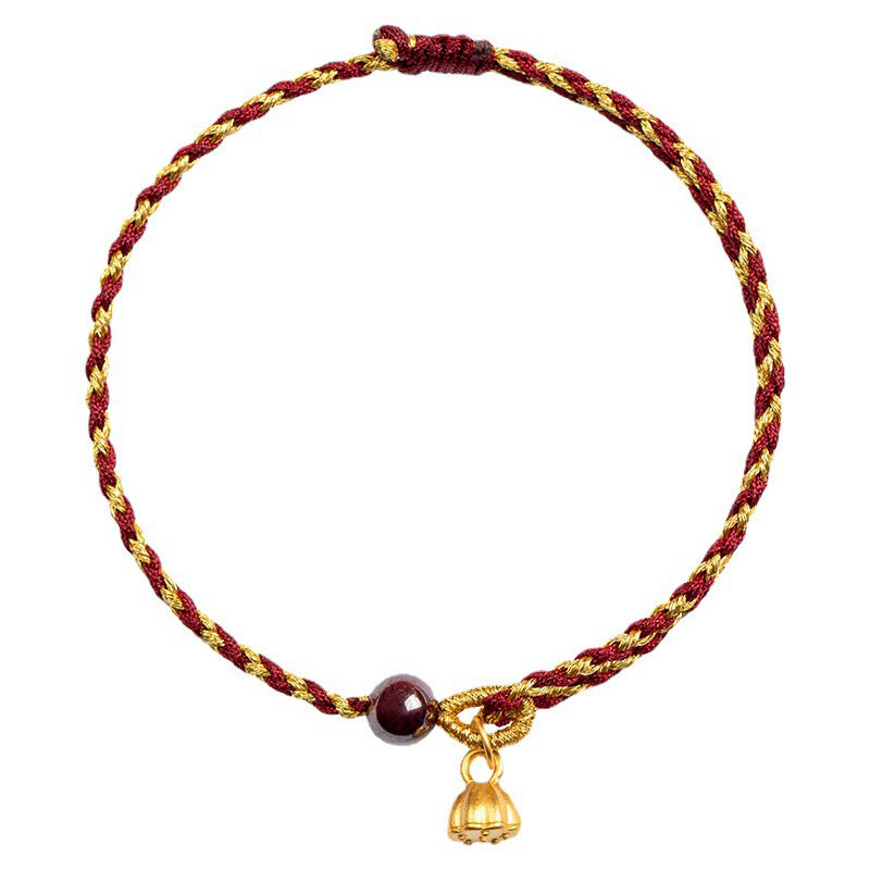Fortune Jewel Handcrafted Red Gold Rope Lotus Peace And Joy Charm Braid Bracelet