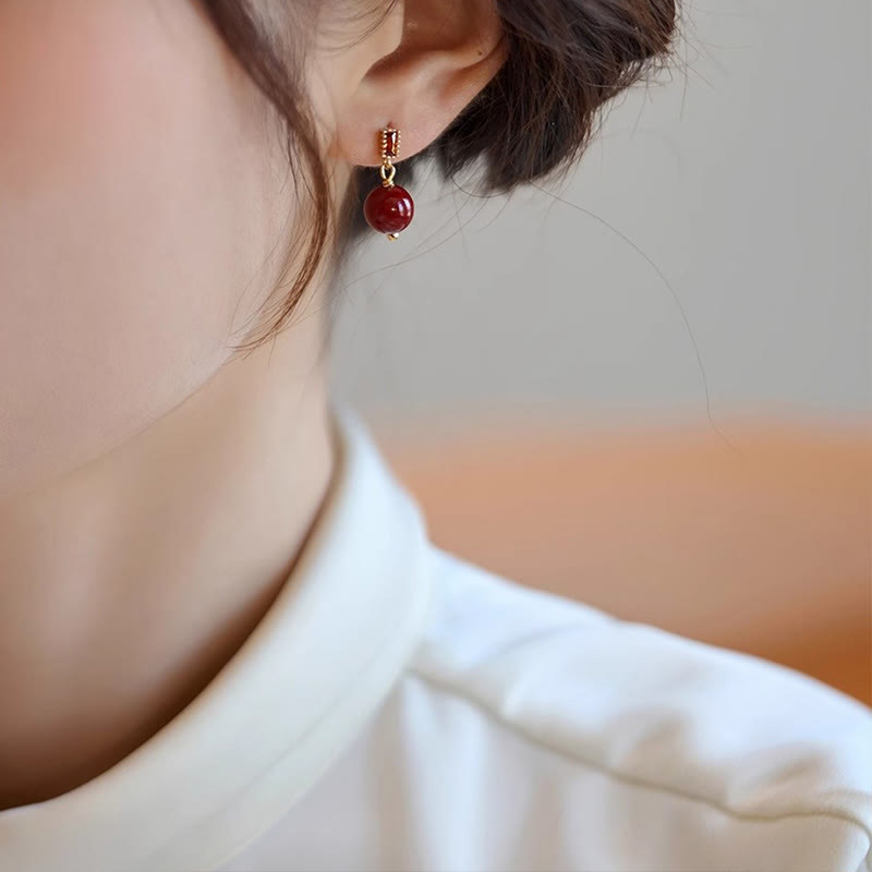 Fortune Jewel 925 Sterling Silver Posts 14K Gold Filled Cinnabar Bead Zircon Calm Earrings
