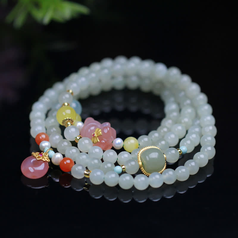 Fortune Jewel Natural Hetian Jade Pink Crystal Peace Buckle Happiness Abundance Bracelet