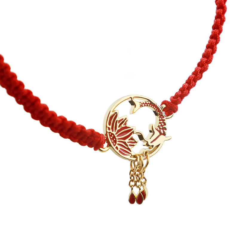 Fortune Jewel Tibetan Handmade Lotus Koi Fish Lucky Red String Bracelet