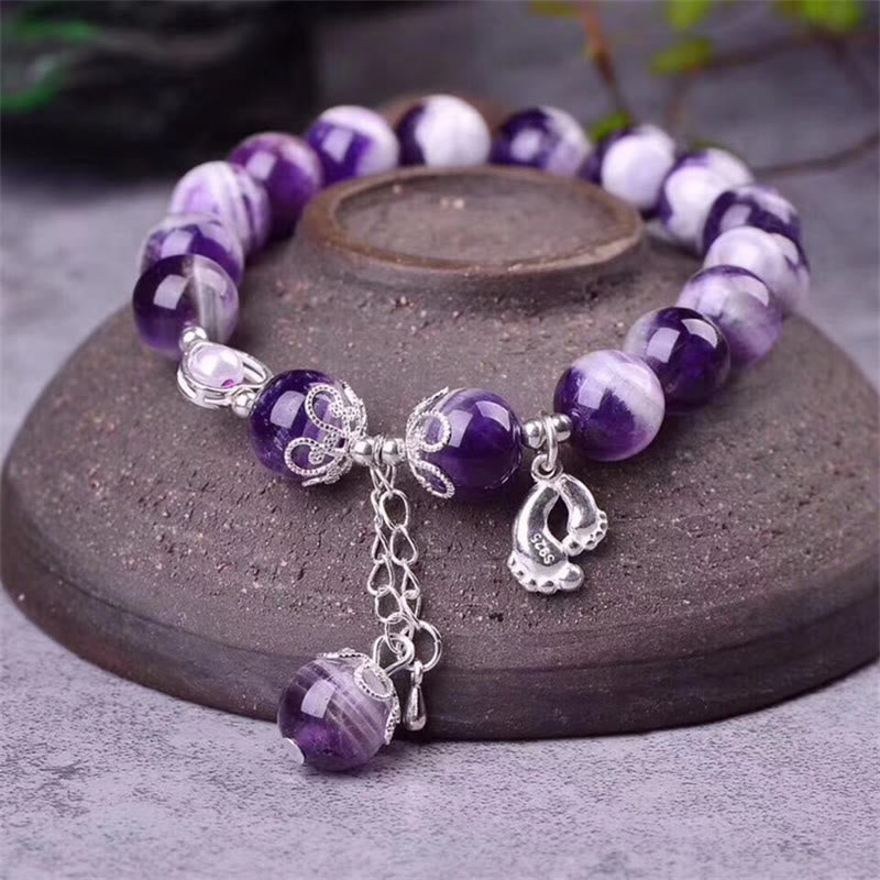 Fortune Jewel 925 Sterling Silver Natural Amethyst Healing Feet Love Heart Charm Bracelet