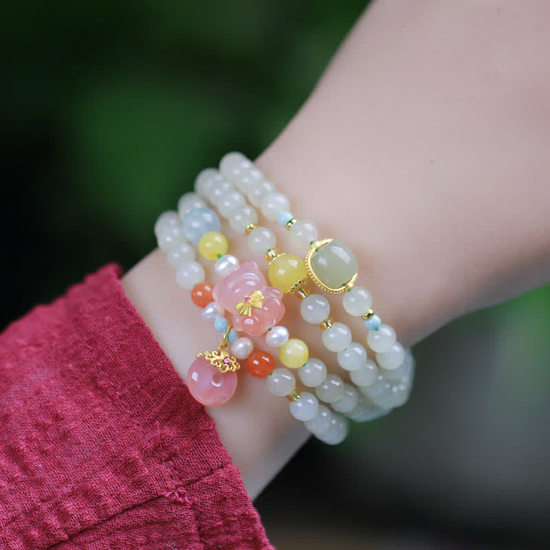 Fortune Jewel Natural Hetian Jade Pink Crystal Peace Buckle Happiness Abundance Bracelet