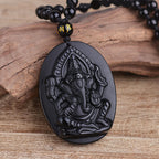 Fortune Jewel Tibetan Obsidian Ganesh Ganpati Elephant Wealth Amulet Necklace