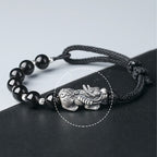 Fortune Jewel 999 Sterling Silver FengShui PiXiu Natural Black Obsidian 925 Sterling Silver Bead Strength Bracelet
