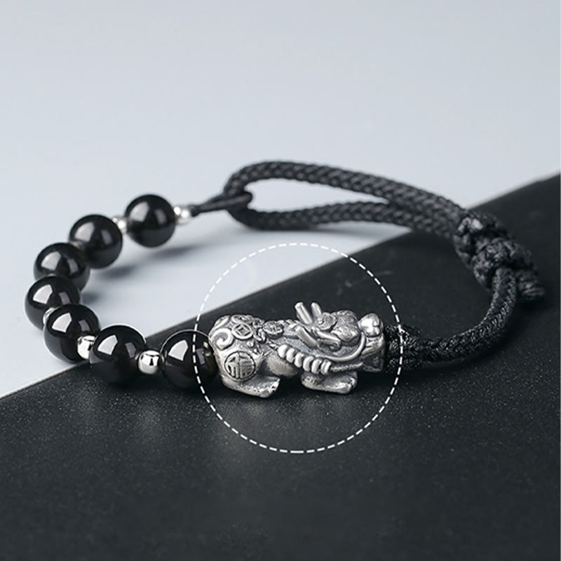 Fortune Jewel 999 Sterling Silver FengShui PiXiu Natural Black Obsidian 925 Sterling Silver Bead Strength Bracelet