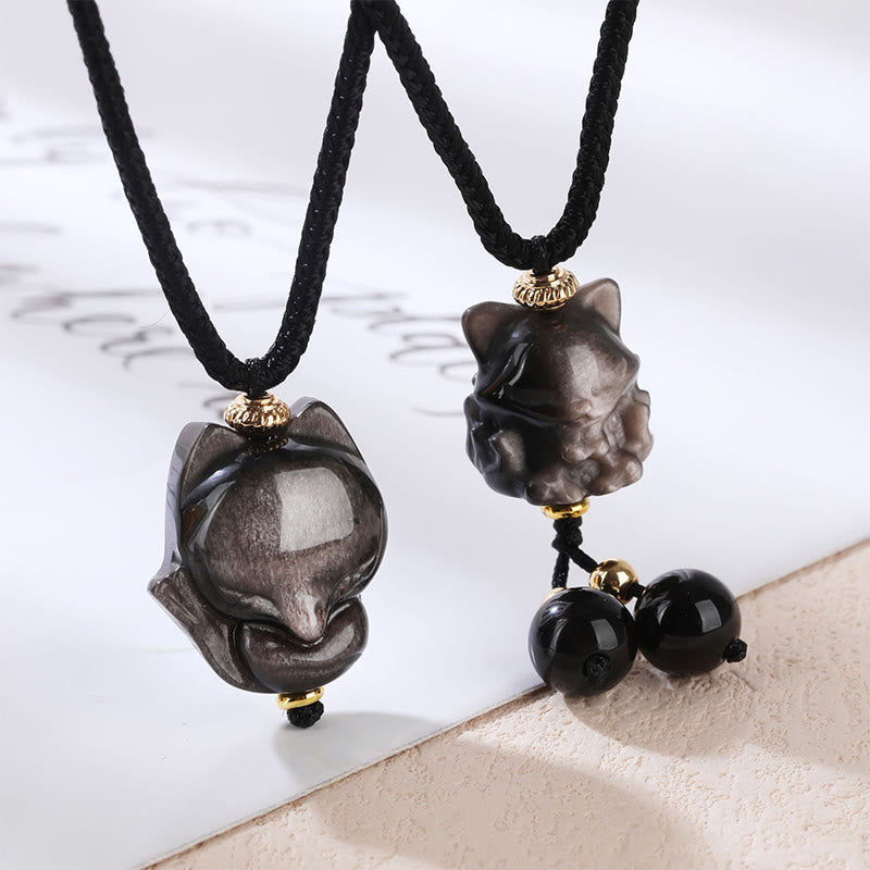 Fortune Jewel Natural Silver Sheen Obsidian Nine Tailed Fox Protection Necklace Pendant