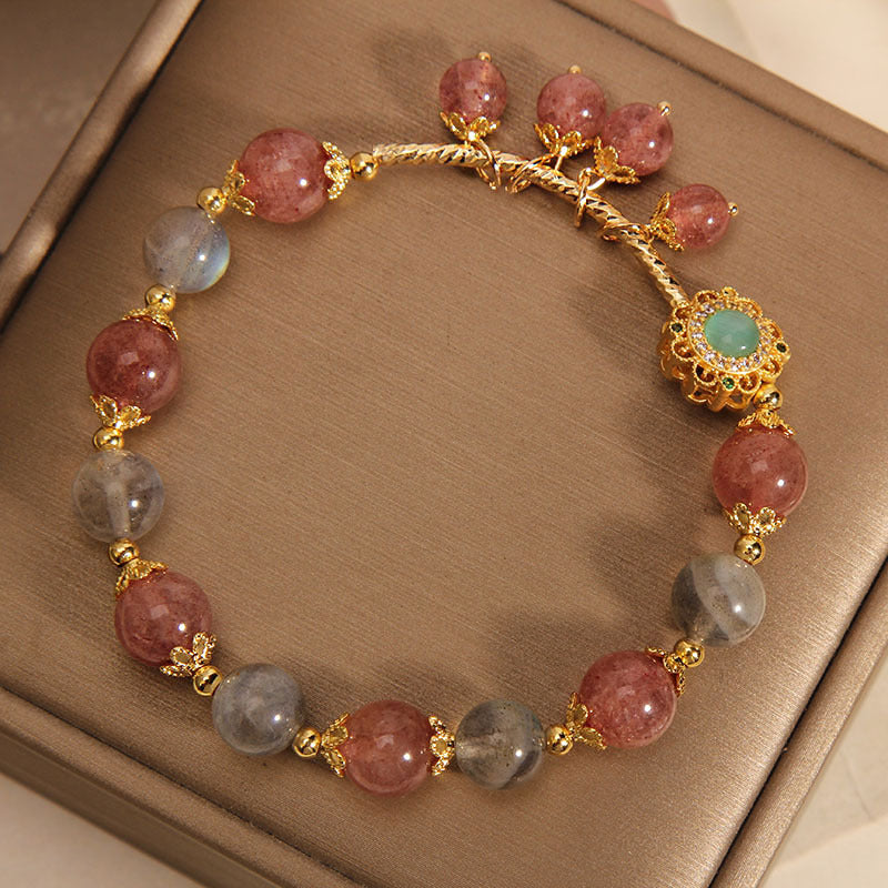 Fortune Jewel Strawberry Quartz Moonstone Healing Tassel Charm Bracelet